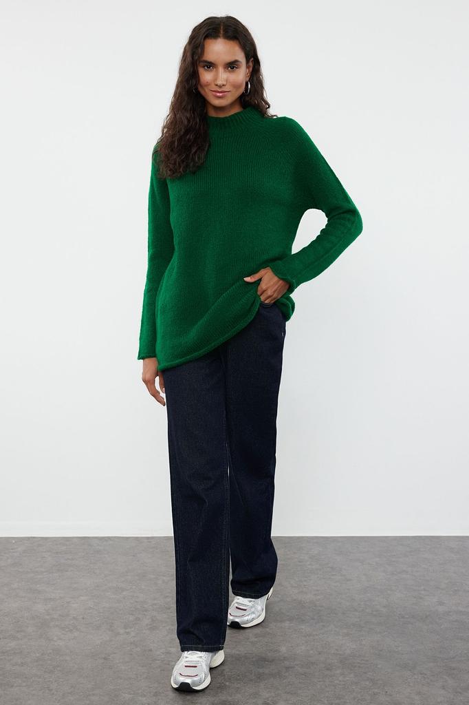 Women's Fashion Stylish Sweater Green Soft Textured Stand-Up Collar Seamless Knitwear Sweater