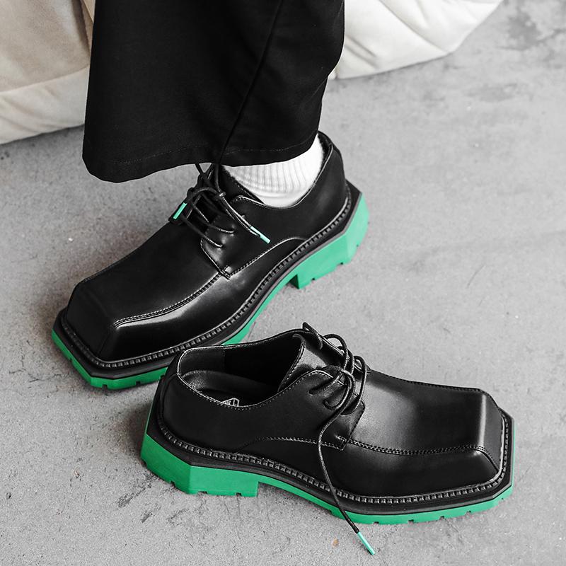 Fashion2024 Men's Japan Karajuku Korean Style Fashion Streetwear Thick Platform Casual Green Leather Shoes Lace Up Dress Leather Shoes