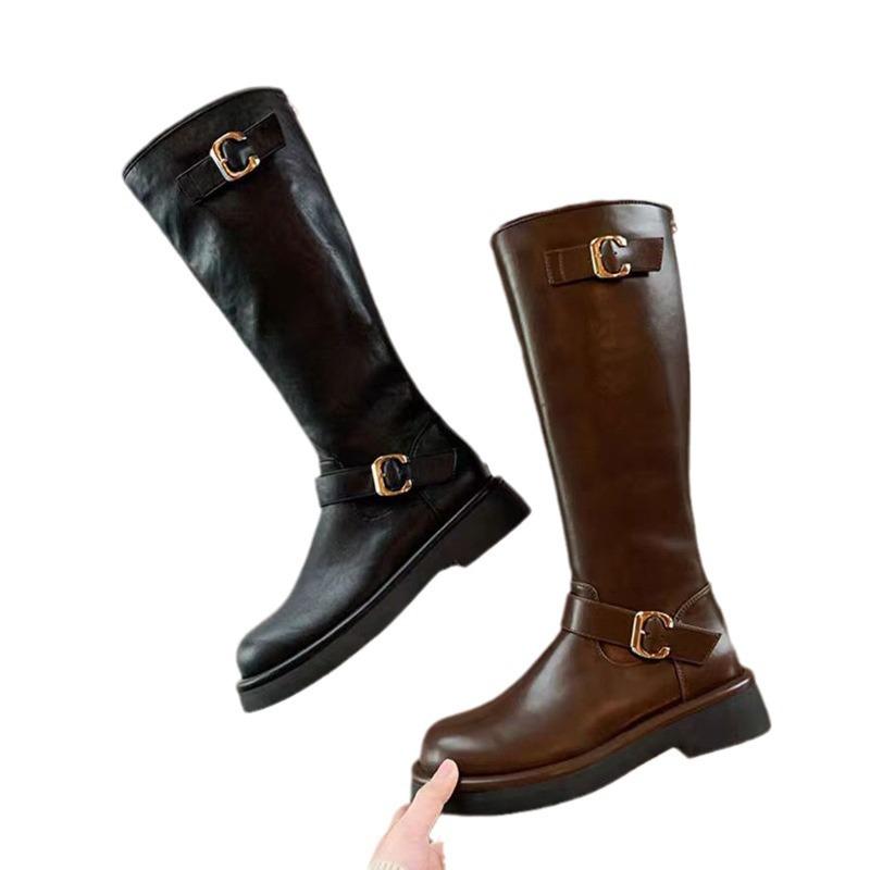 Grape Mother Autumn and Winter New Polish Pictorial~ Fashion Round Head Buckle with Thick Heel But Knee High Boots Knight Boots Women