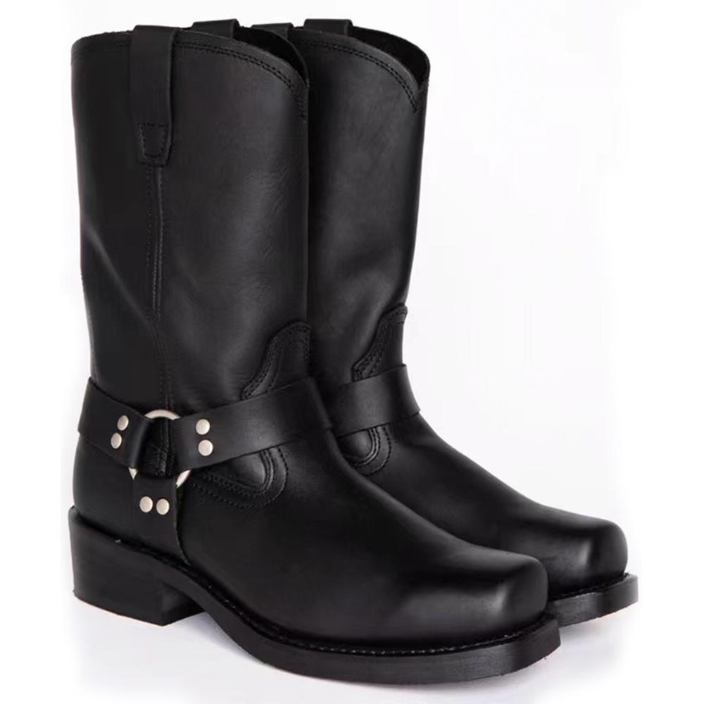 Wooden Heel Sole Men's Boots Big Size Mid Top Leather Shoes Black High Street Workwear Chelsea Short Boots Autumn