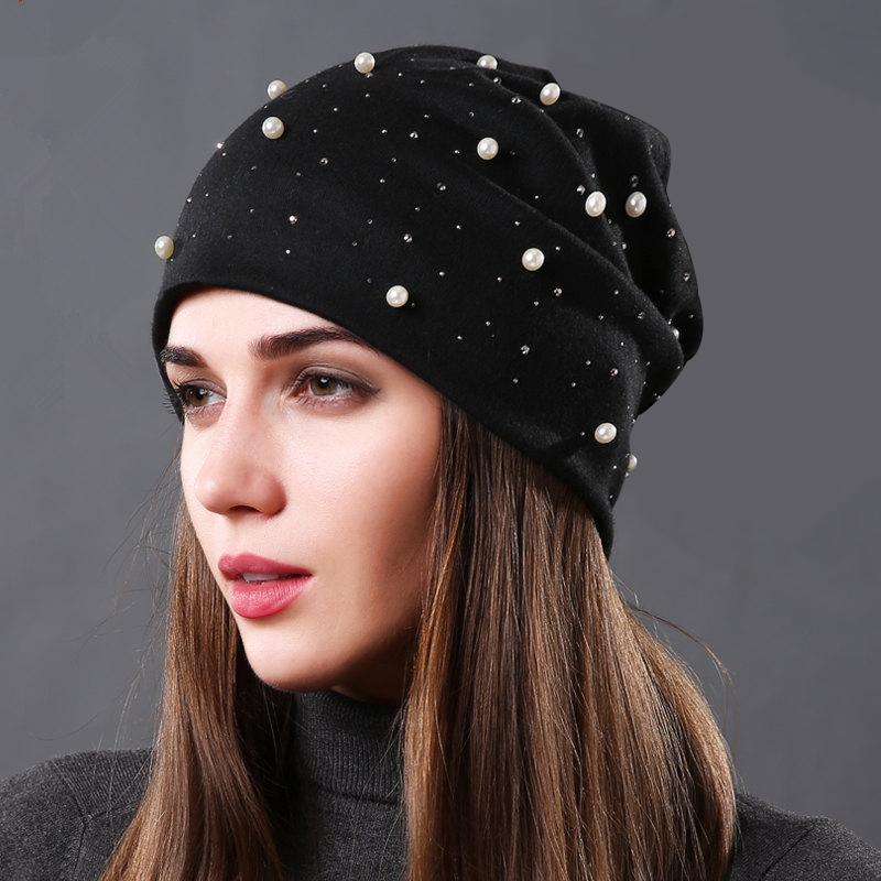 Pearl Rhinestones Women Beanie Hats Autumn Winter Warm Soft Cotton Skullies Caps Casual Outside Turban Female Ladies Hearwear