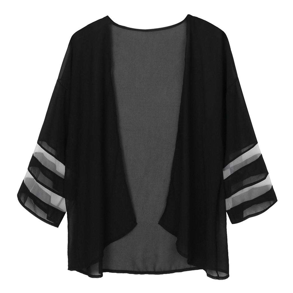 Women Mesh Panel 3/4 Bell Sleeve Pure Color Chiffon Casual Loose Kimono Cardigan