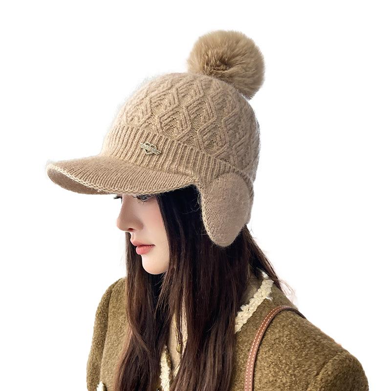 Autumn and Winter Ladies Rabbit Ears Knitted Hat Padded Warm Ear Protection Cap Wool Hat Thickened Duck Tongue Hat Beret