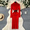 Autumn Winter Women Elegant Turtleneck Knitted Sweater Long Midi Slim Bodycon Office Work Sheath Dresses with Belt