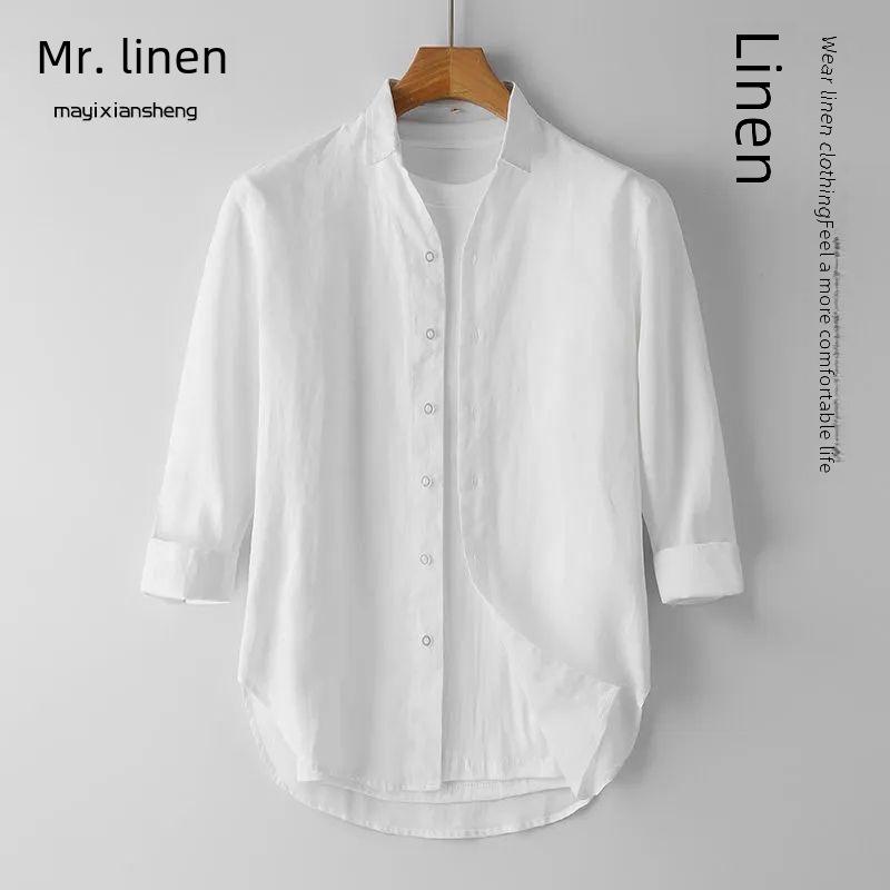 Мужская повседневная белая льняная рубашка - дышащая, свободного кроя, рукав три четверти