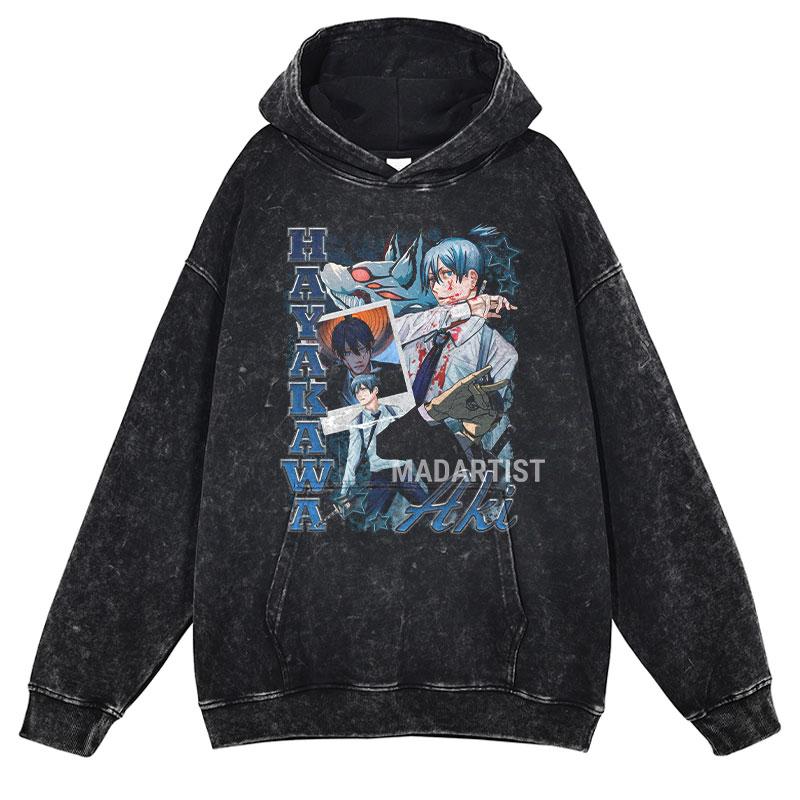 Hot Anime Chainsaw Man Hayakawa Aki Print Hooded Men Casual Oversized Hoodies Manga Washed Streetwear Harajuku Cotton Sweatshirt