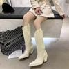 Fashion Kendou Same White Cowboy Boots Retro Net Red Thin Pointed High Barrel Knight Boots Thick Heel Boots Women's Knee Length