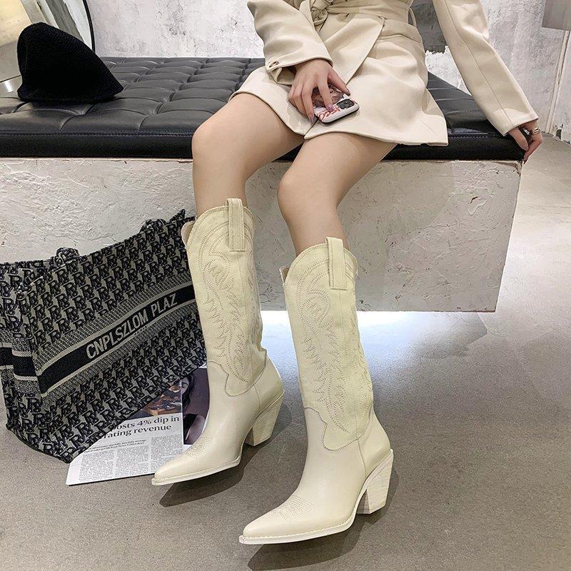 Fashion Kendou Same White Cowboy Boots Retro Net Red Thin Pointed High Barrel Knight Boots Thick Heel Boots Women's Knee Length