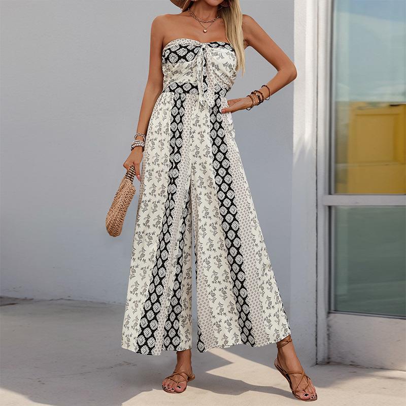 Summer Women's Jumpsuit High Waist Tie Wide Leg Pants Range Patchwork Ethnic Style Casual Pant