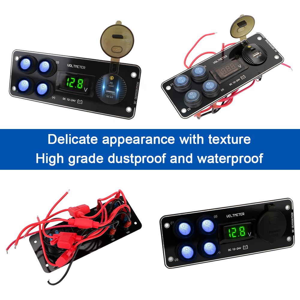 QC3.0 Voltmeter Car Charging PD 12-24V 4 Gang Switch Panel Toggle Switch Panel For Car RV Truck ATV UTV Camper Caravan