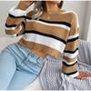 Women Autumn Winter O Neck Long Sleeve Striped Crop Loose Knit Pullover