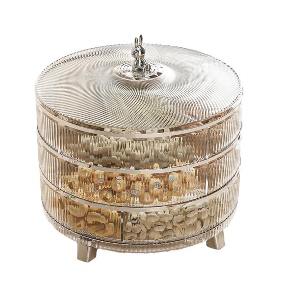 Triple Layer Divided Nut Serving Tray with Lid 360-degree Rotation Transparent Plastic Snack Platter Container BPA-Free Dried Fruit Storage