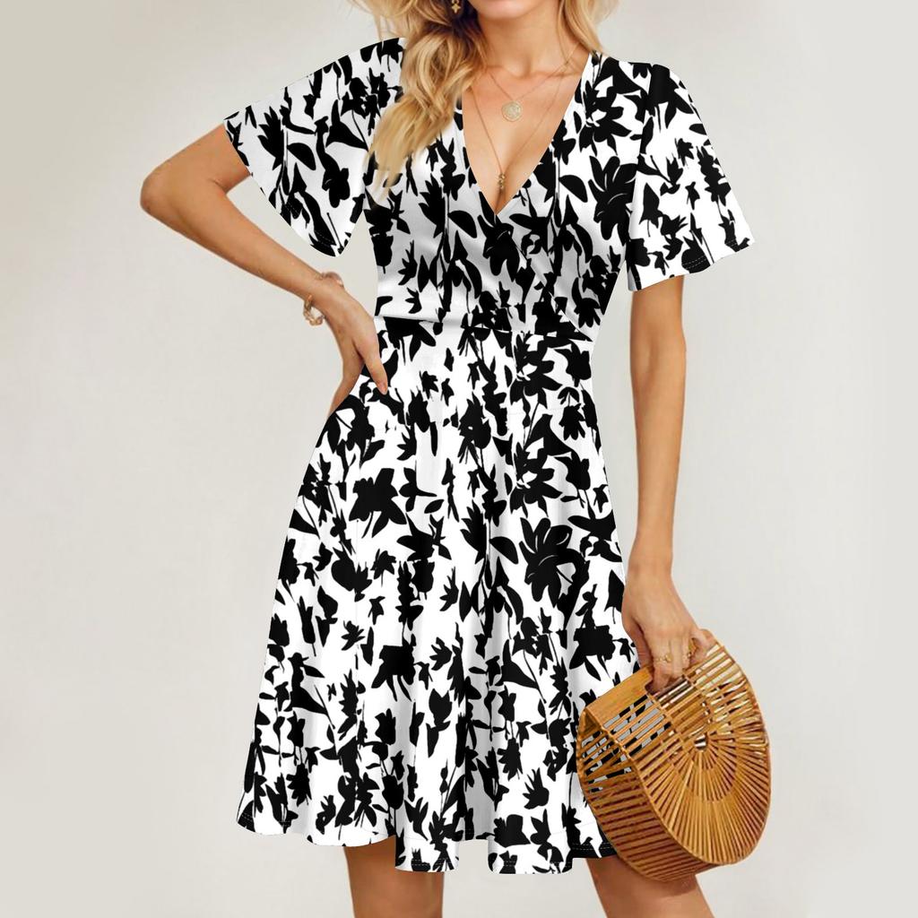 Women's Summer Dress Loose Beach Vacation Casual Deep V Neck Short Sleeve Dress Elegant Dress