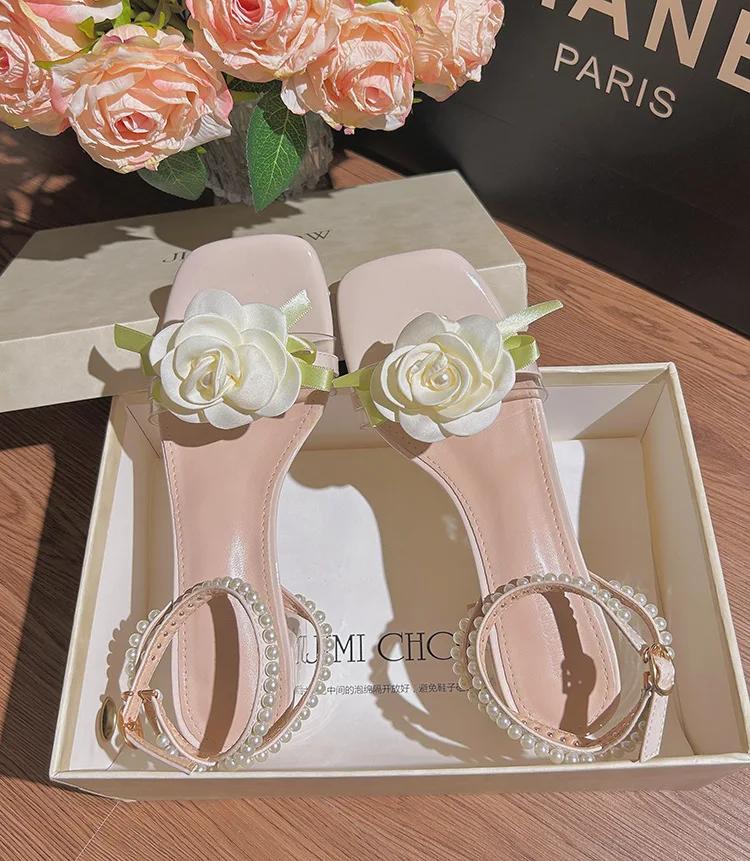 New Exquisite Women's Sandals Fairy Style Coarse Heel Flower Fashion Casual Women's Sandals Root Pearl High Heels Women's Shoes