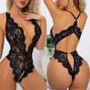 Black Erotic Crotchless Lingerie Women One Pieces Jumpsuit Lace Hollow Bodysuit Sexy Outfits Deep V Open Bra Rompers
