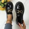 Female Shoes Women Fashion Mary Janes Round Toe Flats Loafers Oxfords Platform Casual Metal Chain Buckle Ladies Heels Black