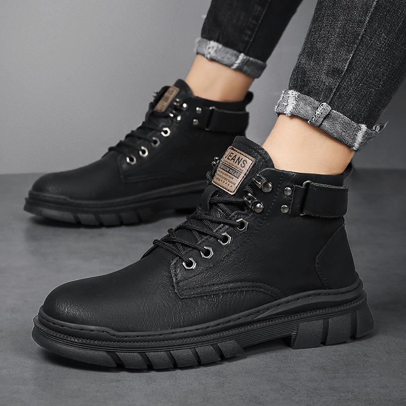 Autumn and Winter Martin Boots Men's High-top British Thick-soled Tooling Men's Boots Winter Velvet Cotton Boots Retro Zhongbang Boots