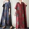 Women 2025 New Summer Casual Dress Basic Loose Long Dress Maxi Printing Vintage Plus Size Linen