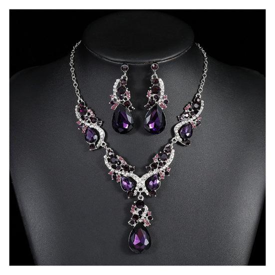 Women Necklace Earrings Set Luxury Symmetric Retro Rhinestone Hollow Out Anti-allergy Hanging
