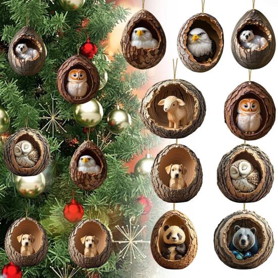 9Pcs/Set Christmas Tree Pendant Animal Hanging Ornament 2D Acrylic Owl Dog Panda Pattern Xmas Tree Decoration