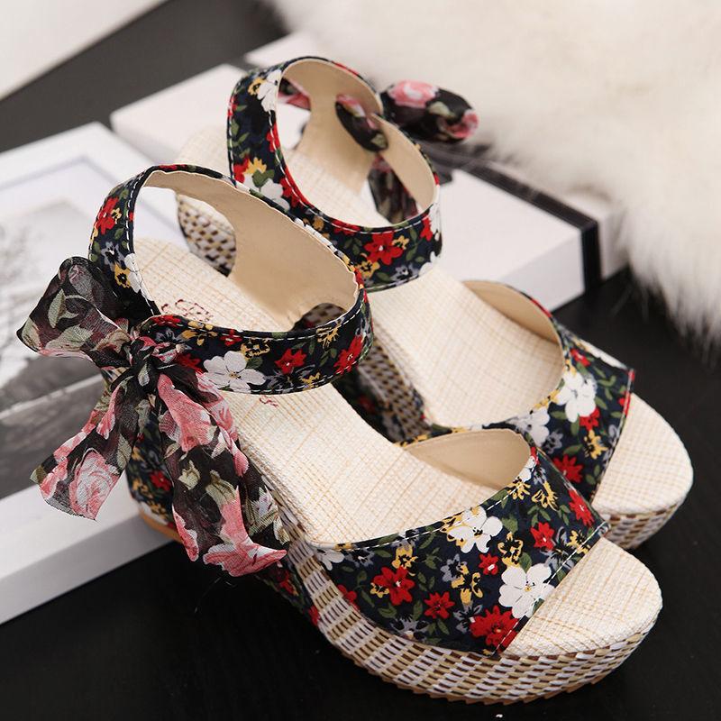 Sandals for Women Wedges Heel Bow Super-high Print Woman Shoes Korea On Offer Sandal Sales 2025 Luxury The Best Wholesale Shoe