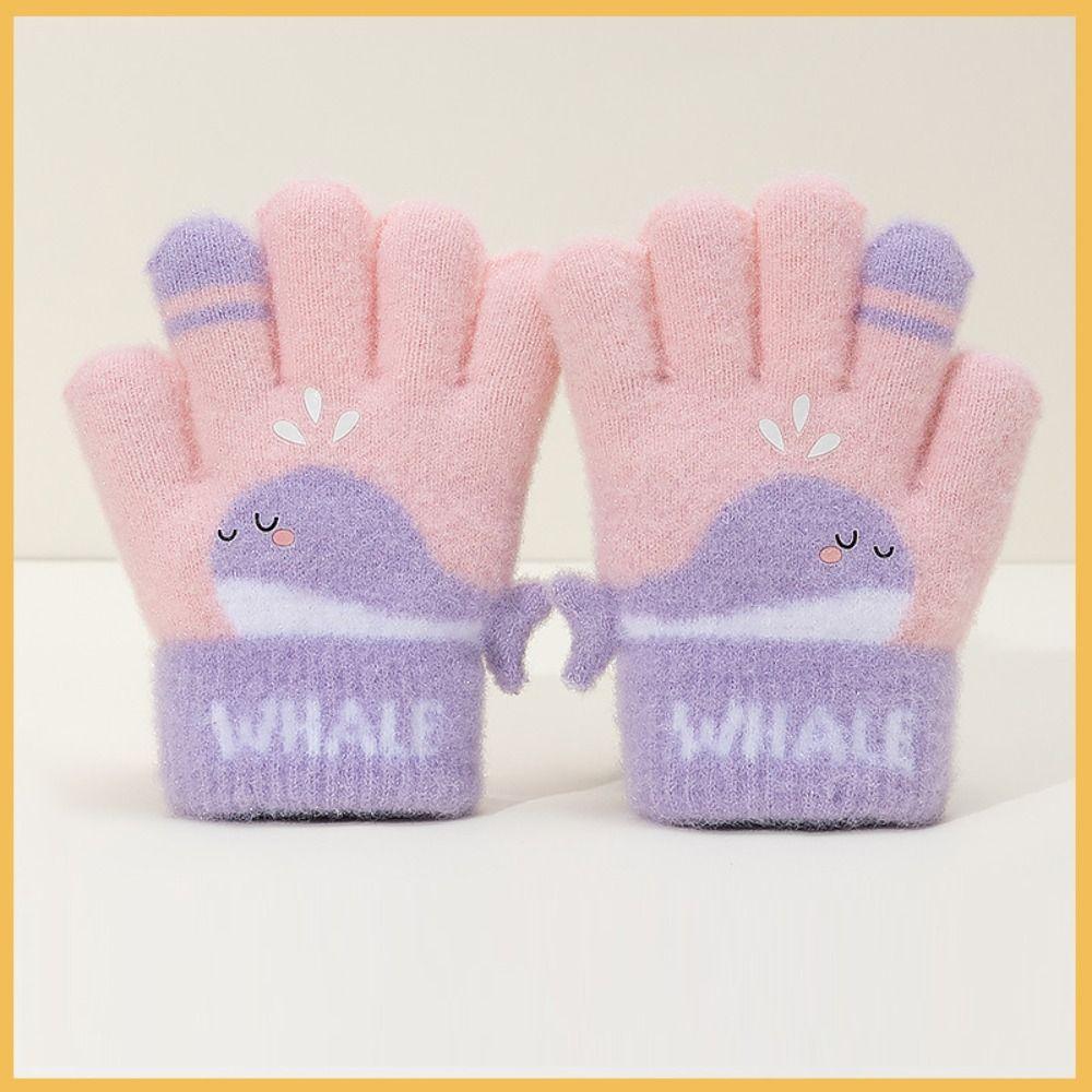 Cute Whale Winter Knitted Gloves Warm Plush Kids Gloves Cartoon Five-finger Gloves  Outdoor