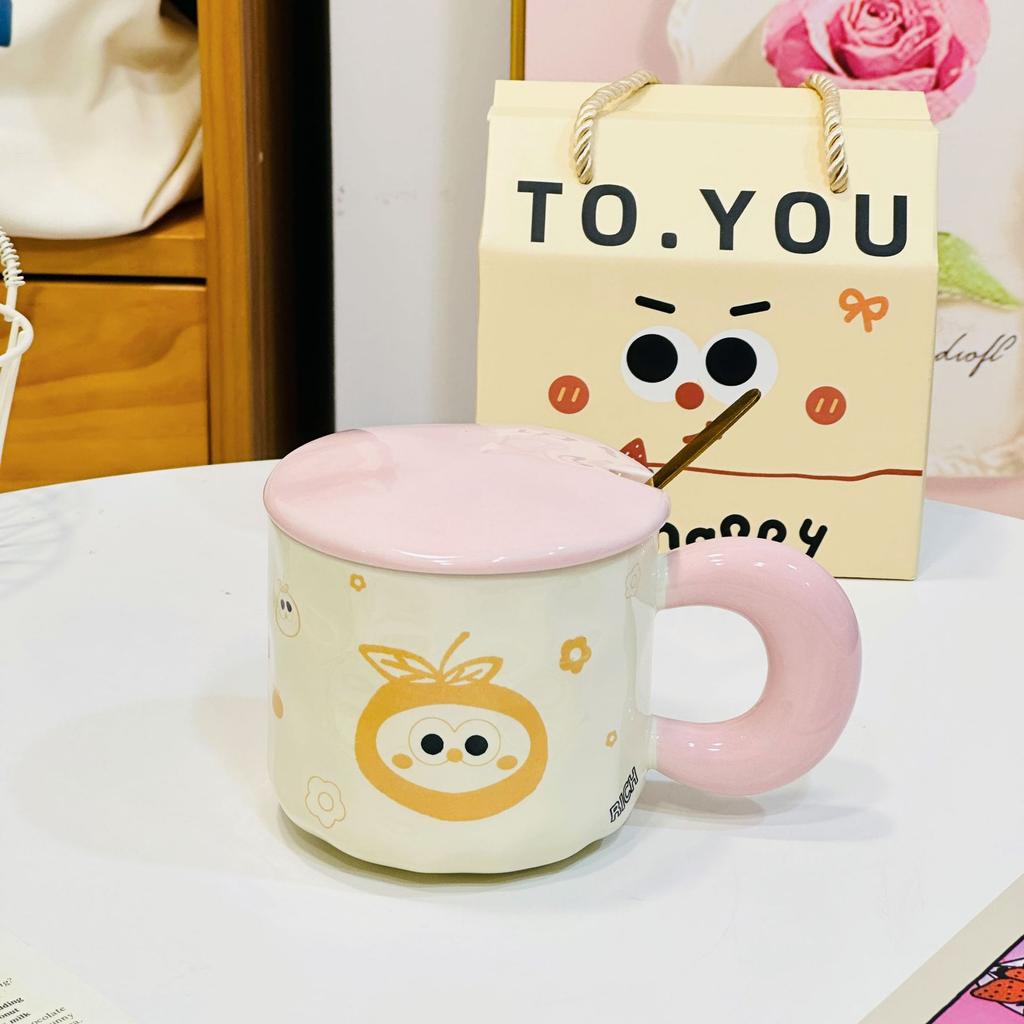 Small Gift Mug Ceramic Small Gift Box Cup Household Water Cup Ceramic Cup Small Orange with Lid Spoon
