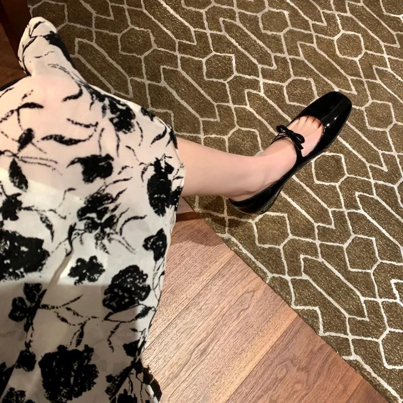 Shoes for Women French Bowknot Ballet Flat Shoes with Flat Ribbon 2024 Mary Jane Women Shoes Solid Square Toe Slip-On Flats