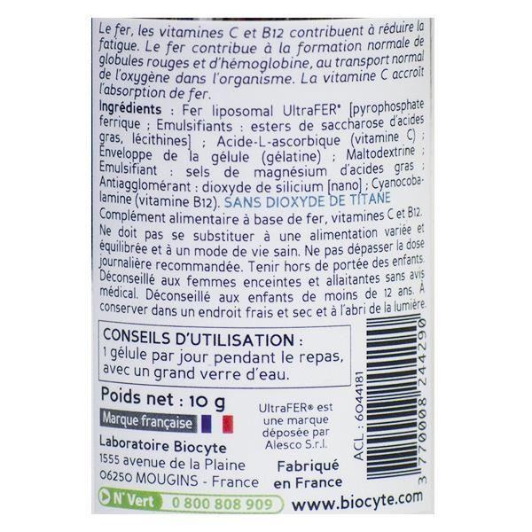 Biocyte Fer Liposomal Energie &amp; Immunité Fer Vitamine C Vitamine B12 30 Gélules