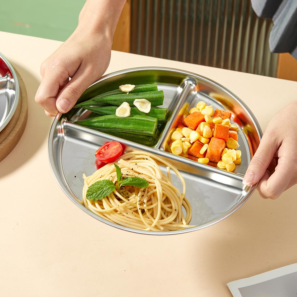 Round Dinner Plate With Compartments 304 Stainless Steel Dinner Dish Fruit Salad Food Plates Kitchen Tableware