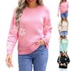 Women's Casual Fashion Comfortable Round Neck Pullover Contrast Color Flower Long Sleeve Street Trend Knitted Sweater