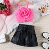 Girls Fashion Set 2025 Summer Kids Floral Camisole with Pu Lederhosen Two-piece Set