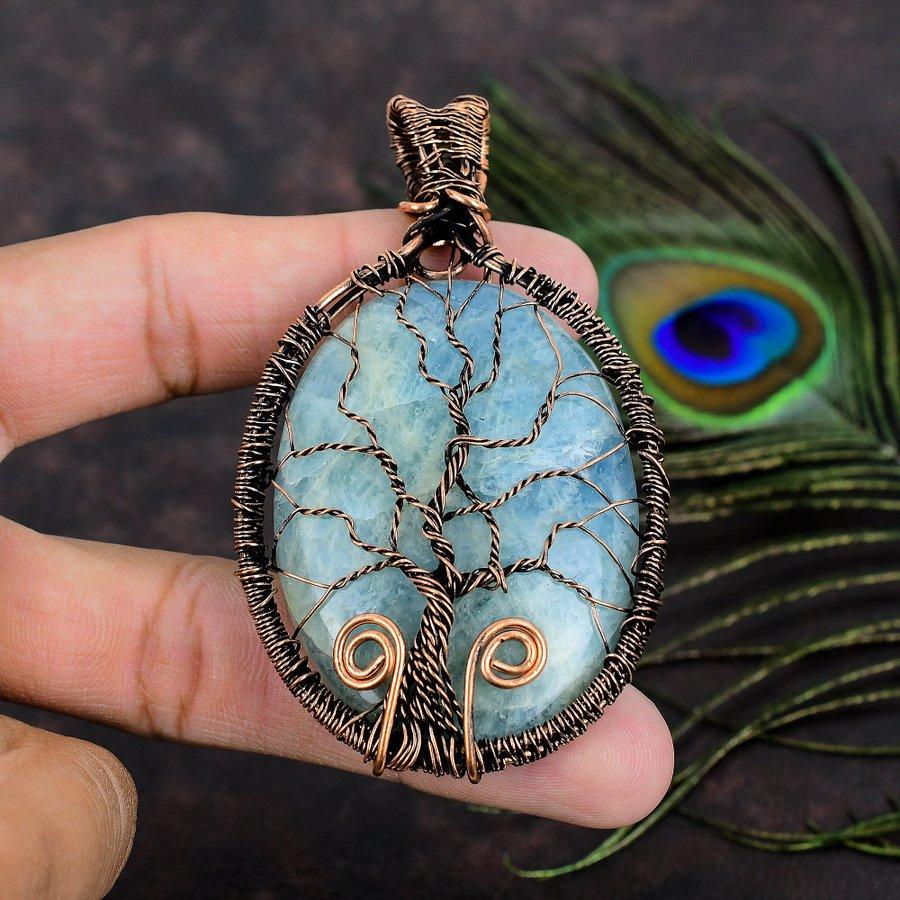 Aquamarine Handmade Copper Wire Wrap Jewelry Pendant 3.35 H9g17