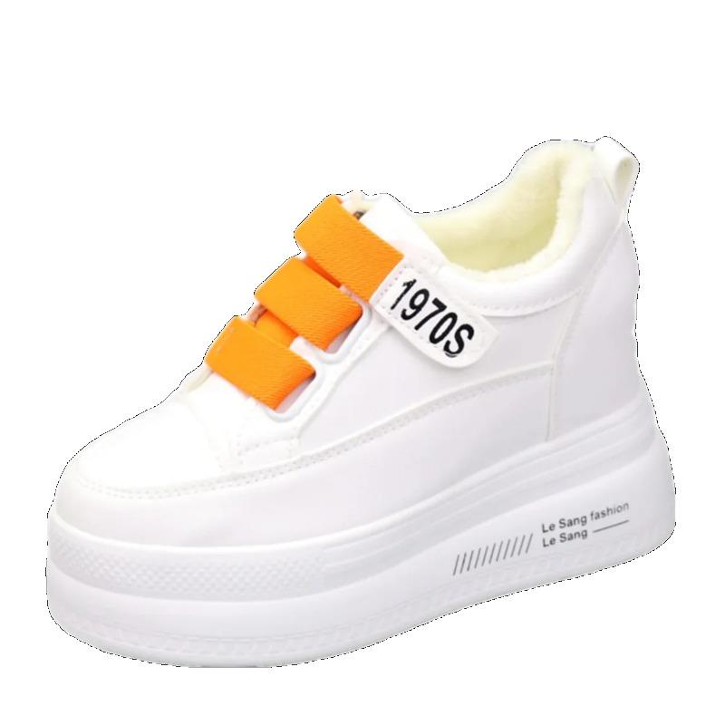 Fashion Genuine Leather Women Plush Platform Sneakers Wedgies Spring Casual Vulcanized Shoes Ladies Thick Bottom Court Sneakers White