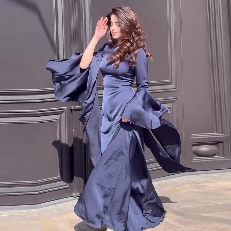 2024 Autumn Women's Solid Color Flare Sleeve Satin-Like Dress with Round Neck