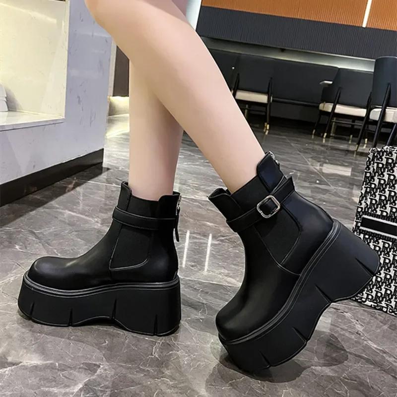 High Platform Ankle Boots Women Chunky Heel Chelsea Boots PU Leather Back Zip Belt Buckle Design Black Short Boots Botas Mujer