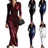 Women's Fashion Long-Sleeved Evening Gown V-Neck Cinched Waist Slimming Silhouette Elegant Solid-Colour Dress