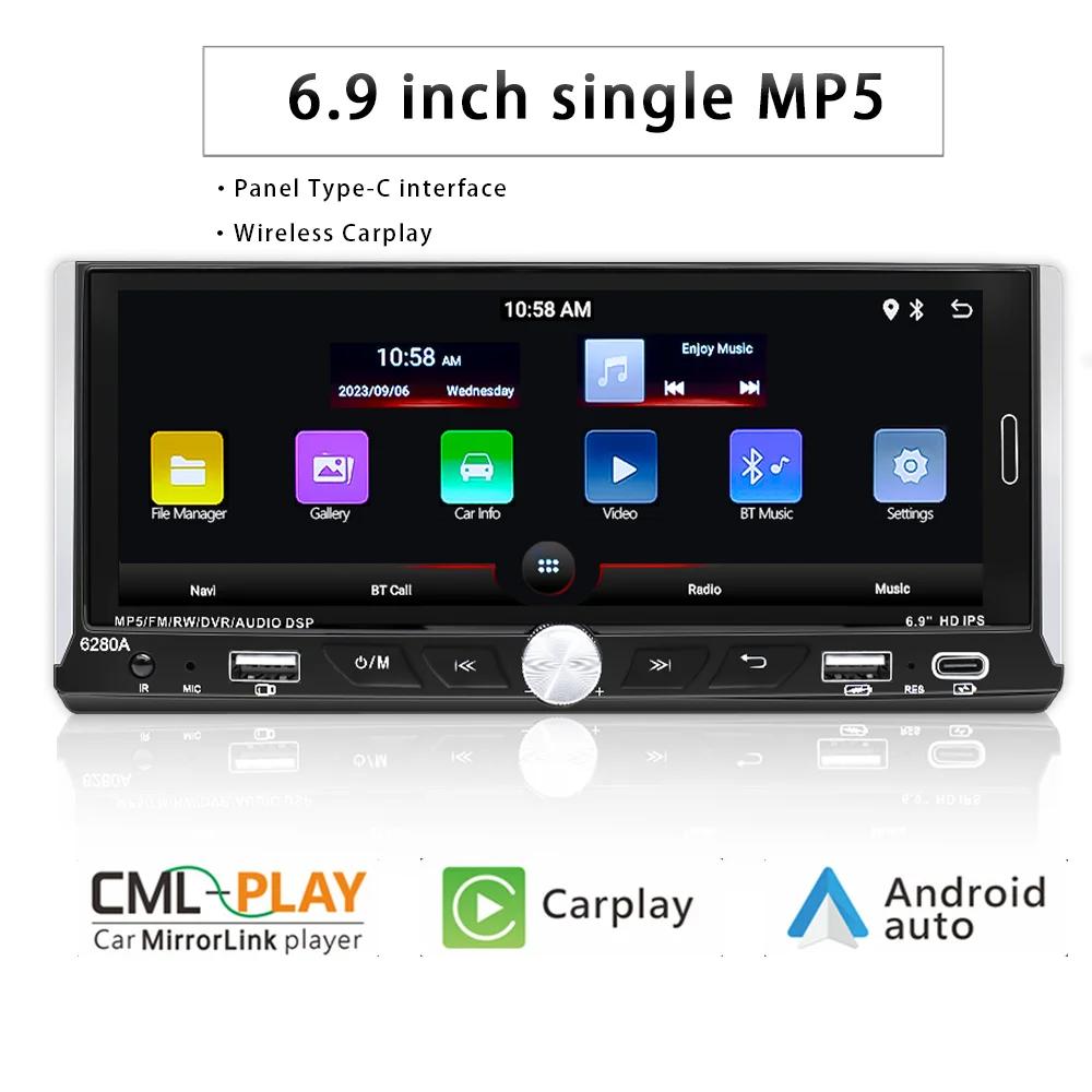 6.9'' Touch Screen 1Din Universal Car Radio Wireless Carplay Android Auto Smart Multimedia Player Wifi Navigation GPS FM Stereo