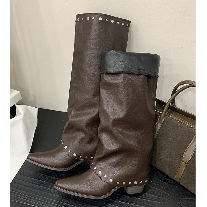 Eilyken Fashion Design Rivet Splicing Woman Knee-High Boots Autumn Winter Pointed Toe Square Heels Party Female Shoes
