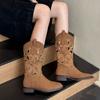 Leather Frosted Hollow Embroidery Wide Tube Western Cowboy Boots Women's Thick Heel Medium Tube Slim Knight Boots
