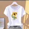 (Asian Size) Fashion Print Graphic Tee Sunflower Watercolor 90s Style Female Casual T Clothing Casual Women's Summer Top Short Sleeve T-shirt