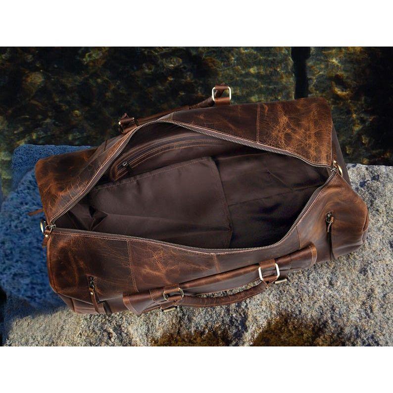 Personalized Brown Leather Duffel Bag Weekender Travel Bag Handmade Leather Duffel Luggage Bag with Shoe Compartment Carry On Overnight Bag