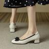Leather Bow Shallow Mouth Single Shoe for Women with Thick Heels 2025 New Fairy Style Square Toe Slimming Mid Heel Shoes