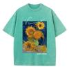 Casual Womens Cotton Washed T-Shirts Van Gogh Sunflower Printing Short Sleeve O-Neck Breathable Soft Tops Fashion Female Clothes
