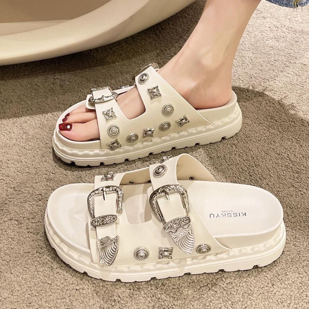 Fashion Summer Women Slippers Punk Rock Rivets Platform Leather Mules Creative Metal Fittings Slippers Female Casual Sandals Shoe Slides