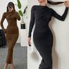 New Women's Round Neck Long Sleeved Bodycon Dresses Tight Casual Solid Color Wrap Long Dress Clothing