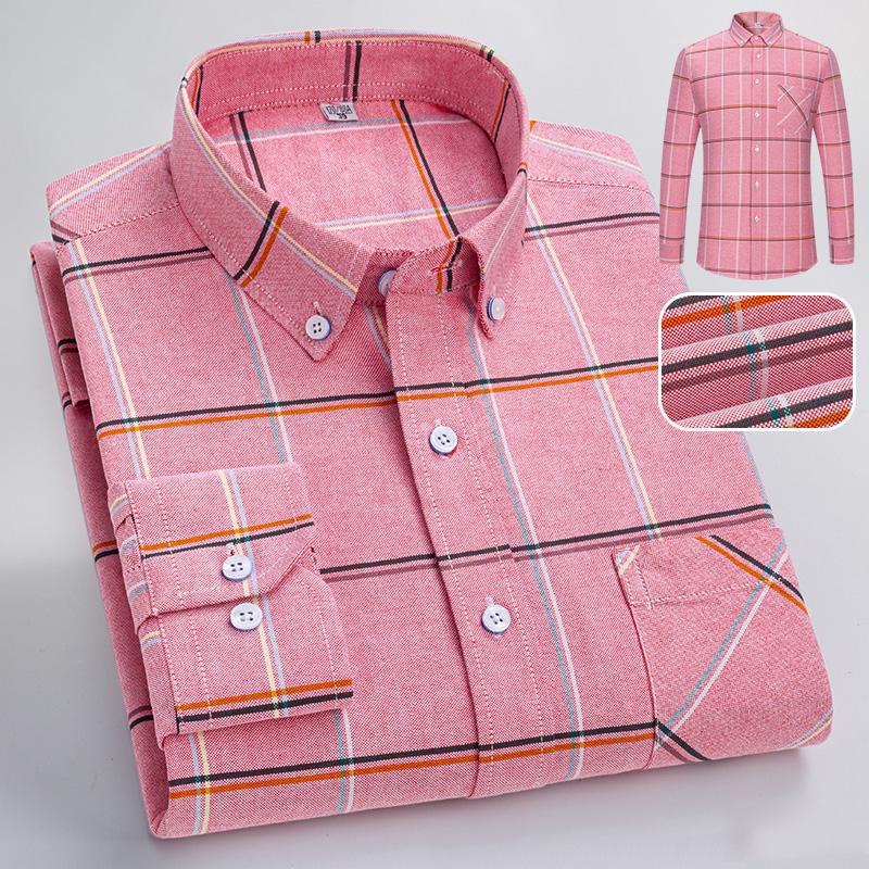 New Men's Plaid Shirts Long Sleeve Casual Office Pure Cotton Oxford Easy Care Fashion Youngster