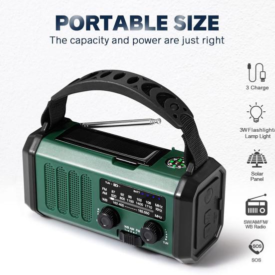 Hand Crank Emergency Radio with Flashlight SOS Alarm Compass Compact Waterproof Solar Powered Rechargeable AM/FM Radio
