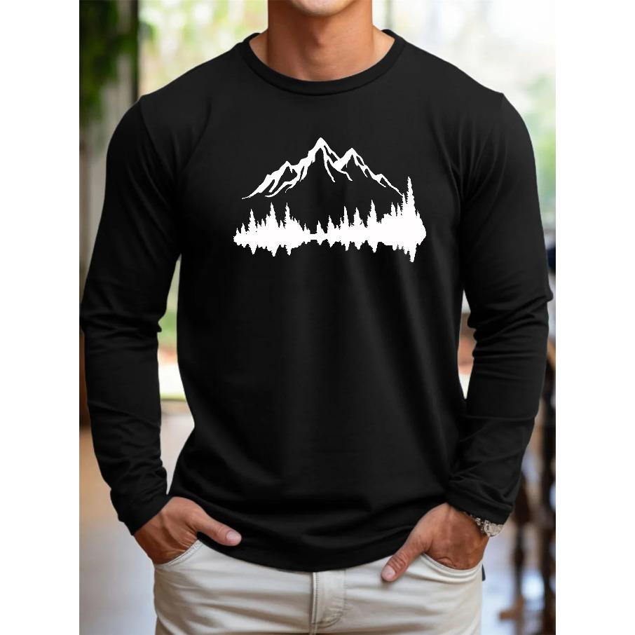 Men's Loose Fit Comfortable Casual Sports Mountain Reflection Pattern Printed Round Neck Long Sleeved T-shirt