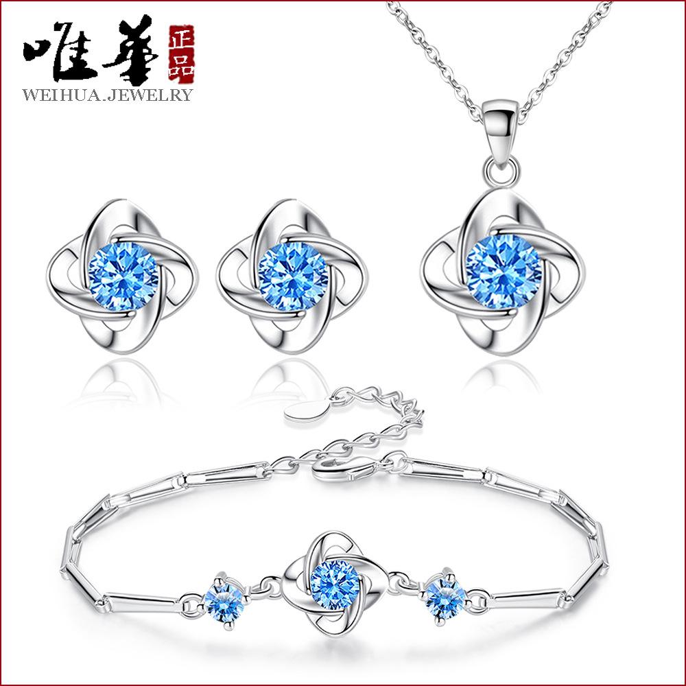 Huopin Lucky Clover Necklace Pendant Set, Female Summer Couple Bracelet, Cute And Elegant Blue Leaf Ear Jewelry